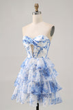 Strapless White Blue Flower Corset Graduation Dress
