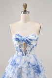 Strapless White Blue Flower Corset Graduation Dress