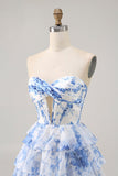 Strapless White Blue Flower Corset Graduation Dress