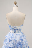 Strapless White Blue Flower Corset Graduation Dress