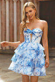 White Blue Flower Corset Cut Out Strapless Graduation Dress