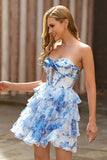 White Blue Flower Corset Cut Out Strapless Graduation Dress