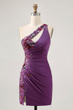 Dark Purple One Shoulder Bodycon Graduation Dress with Appliques