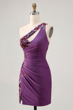 Dark Purple One Shoulder Bodycon Graduation Dress with Appliques
