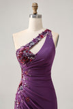 Dark Purple One Shoulder Bodycon Graduation Dress with Appliques