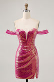 Sparkly Fuchsia Off The Shoulder Bodycon Sequin Graduation Dress