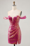 Sparkly Fuchsia Off The Shoulder Bodycon Sequin Graduation Dress