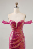 Sparkly Fuchsia Off The Shoulder Bodycon Sequin Graduation Dress