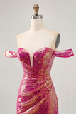 Sparkly Fuchsia Off The Shoulder Bodycon Sequin Graduation Dress
