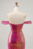 Sparkly Fuchsia Off The Shoulder Bodycon Sequin Graduation Dress