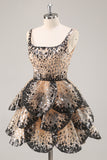 Black Apricot Sequined Tiered A Line Graduation Dress
