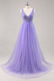 Glitter Purple A Line Long Prom Dress with Beadings