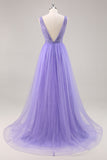 Glitter Purple A Line Long Prom Dress with Beadings