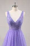 Glitter Purple A Line Long Prom Dress with Beadings