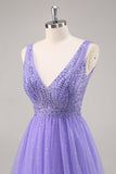 Glitter Purple A Line Long Prom Dress with Beadings