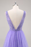 Glitter Purple A Line Long Prom Dress with Beadings