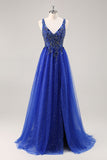 Glitter Royal Blue Beaded A Line Long Prom Dress with Slit