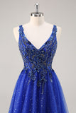 Glitter Royal Blue Beaded A Line Long Prom Dress with Slit