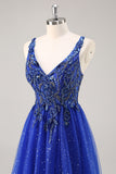 Glitter Royal Blue Beaded A Line Long Prom Dress with Slit