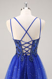 Glitter Royal Blue Beaded A Line Long Prom Dress with Slit