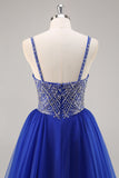 Royal Blue A Line Long Prom Dress with Beadings