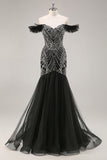 Off the Shoulder Beaded Mermaid Black Prom Dress
