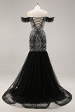 Off the Shoulder Beaded Mermaid Black Prom Dress