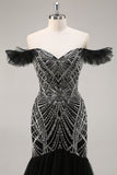 Off the Shoulder Beaded Mermaid Black Prom Dress