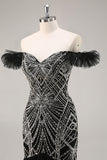 Off the Shoulder Beaded Mermaid Black Prom Dress