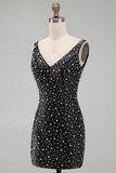 Sparkly Black Bodycon Pearl V-Neck Short Homecoming Dress with Beading