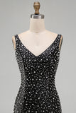 Sparkly Black Bodycon Pearl V-Neck Short Homecoming Dress with Beading