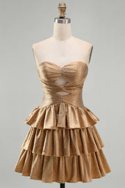 Golden Strapless A Line Cut Out Tiered Cocktail Dress with Beading
