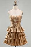 Golden Strapless A Line Cut Out Tiered Cocktail Dress with Beading
