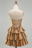 Golden Strapless A Line Cut Out Tiered Cocktail Dress with Beading