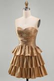 Golden Strapless A Line Cut Out Tiered Cocktail Dress with Beading
