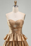 Golden Strapless A Line Cut Out Tiered Cocktail Dress with Beading