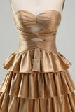 Golden Strapless A Line Cut Out Tiered Cocktail Dress with Beading