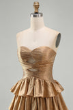 Golden Strapless A Line Cut Out Tiered Cocktail Dress with Beading