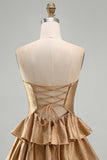 Golden Strapless A Line Cut Out Tiered Cocktail Dress with Beading