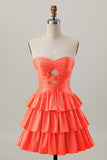 Orange Strapless Tiered A Line Cut Out Graduation Dress with Beading