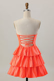 Orange Strapless Tiered A Line Cut Out Graduation Dress with Beading
