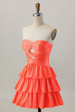 Orange Strapless Tiered A Line Cut Out Graduation Dress with Beading