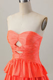 Orange Strapless Tiered A Line Cut Out Graduation Dress with Beading