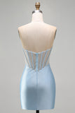 Strapless Light Blue Corset Bodycon Beaded Short Homecoming Dress with Slit