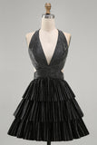 Black A-Line Cut Out Deep V Neck Short Cocktail Dress with Beading