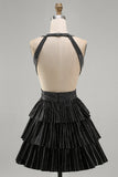 Black A-Line Cut Out Deep V Neck Short Cocktail Dress with Beading