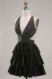 Black A-Line Cut Out Deep V Neck Short Cocktail Dress with Beading