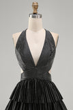 Black A-Line Cut Out Deep V Neck Short Cocktail Dress with Beading