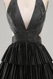 Black A-Line Cut Out Deep V Neck Short Cocktail Dress with Beading
