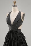 Black A-Line Cut Out Deep V Neck Short Cocktail Dress with Beading